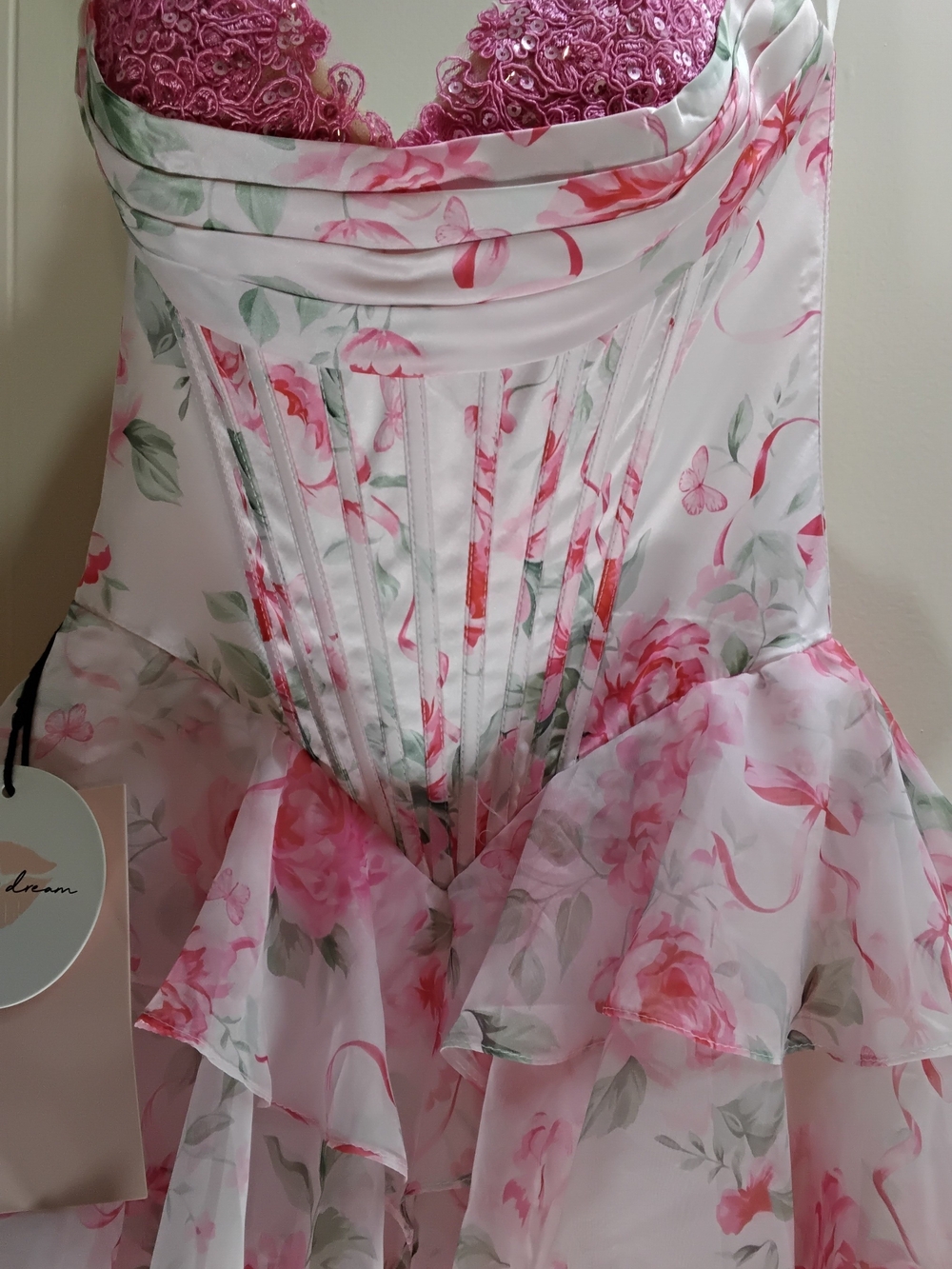 Strapless Pink Floral Tiered Ruffle Gown - Picture 9 of 11